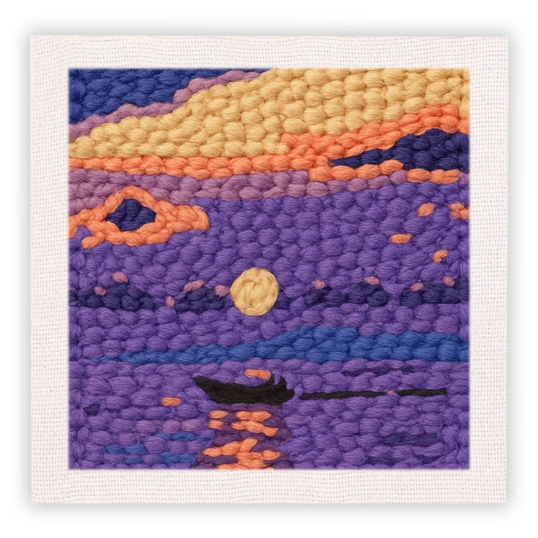 Textile art piece with a sunset design featuring purple, orange, and yellow colors.