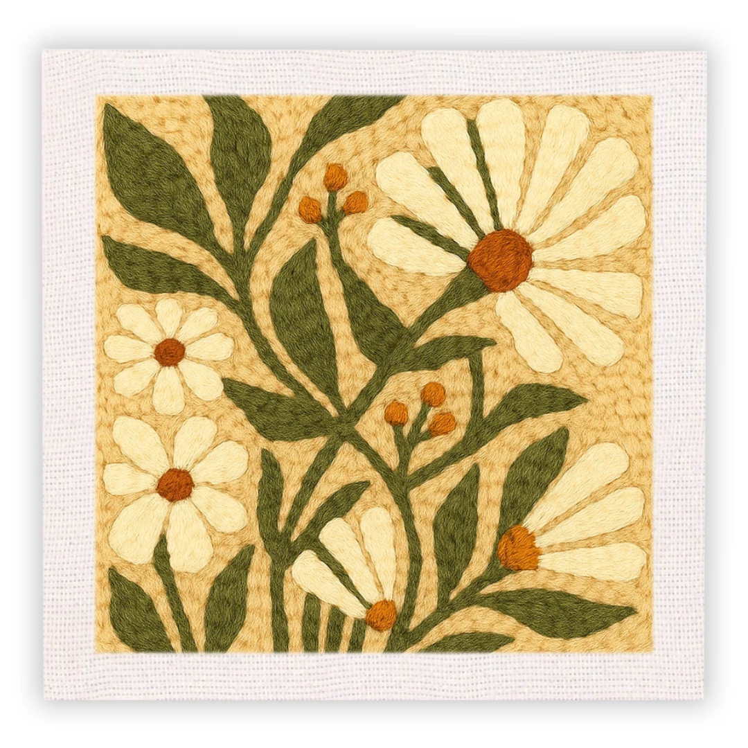Decorative wall art with embroidered flowers and leaves on a beige background